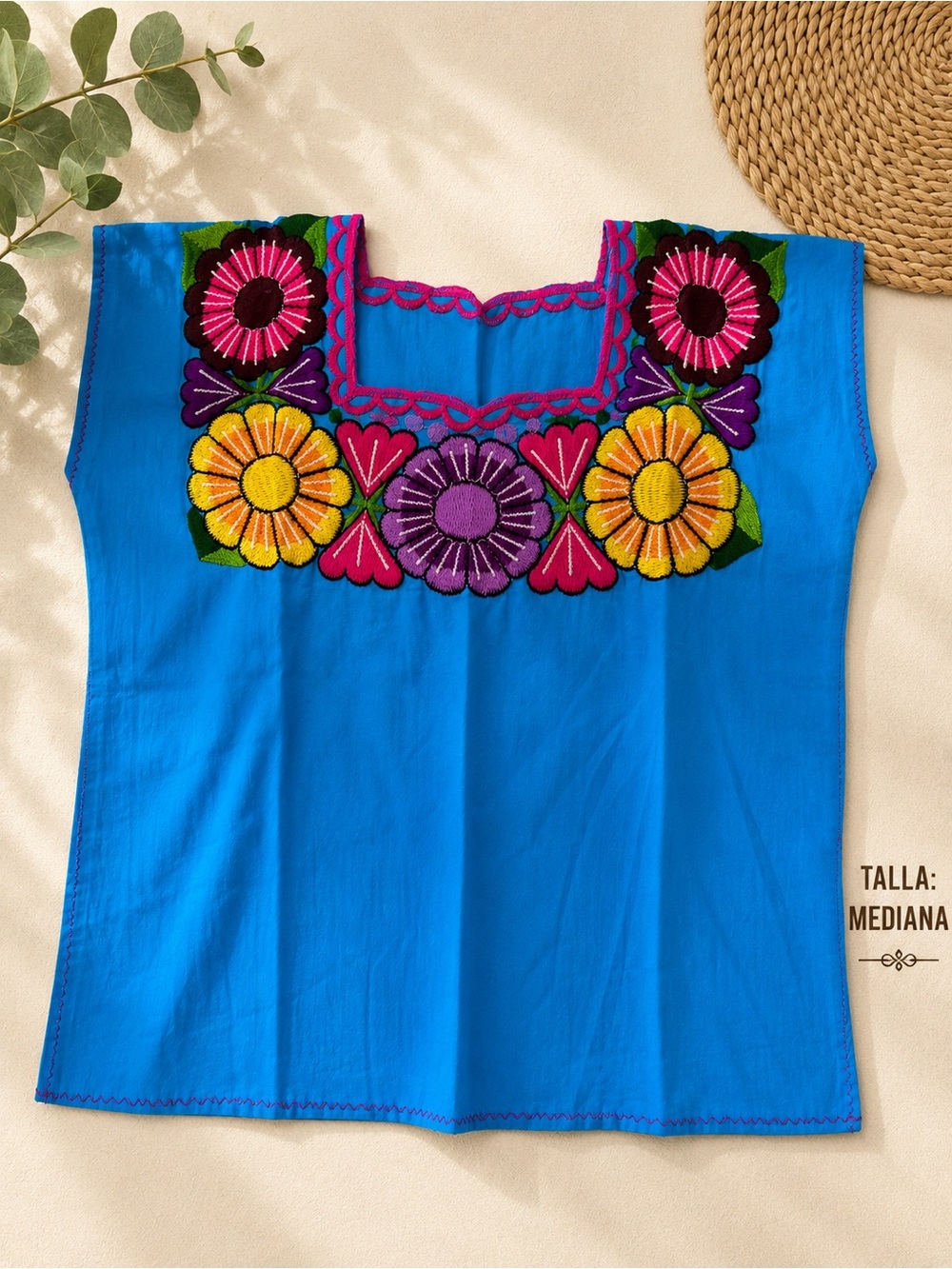 MEXICANA Bright Blue Embroidered Floral Tunic